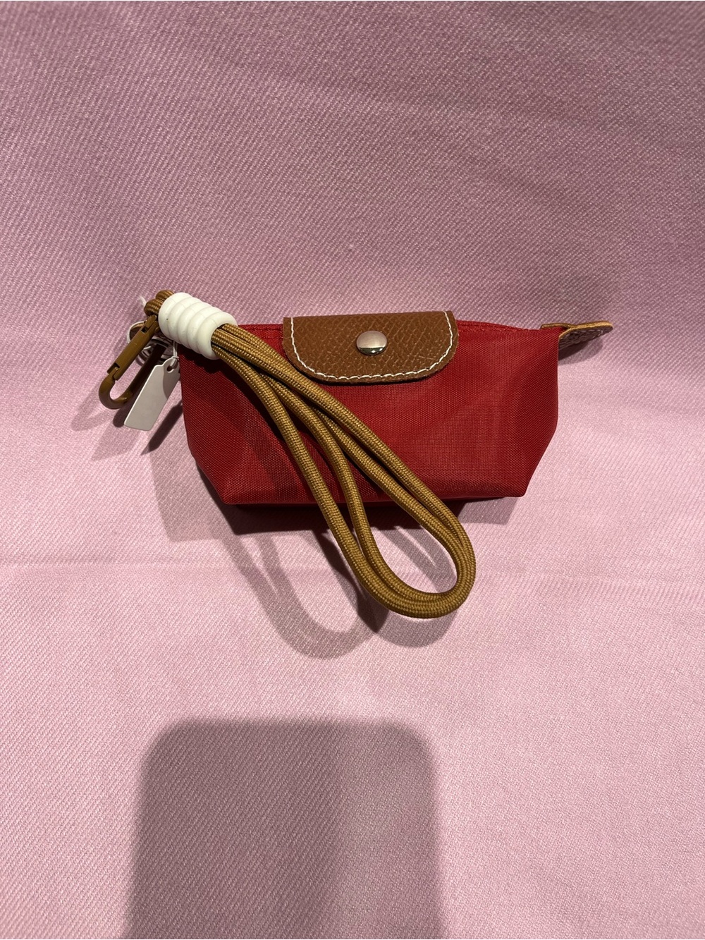 Red Nylon Wristlet with Tan Leather Trim and Strap
